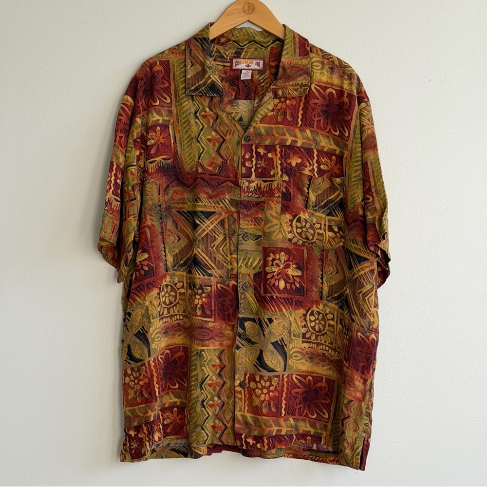 Caribbean Joe Tropical Patchwork Shirt Linen Rayon Blend XL